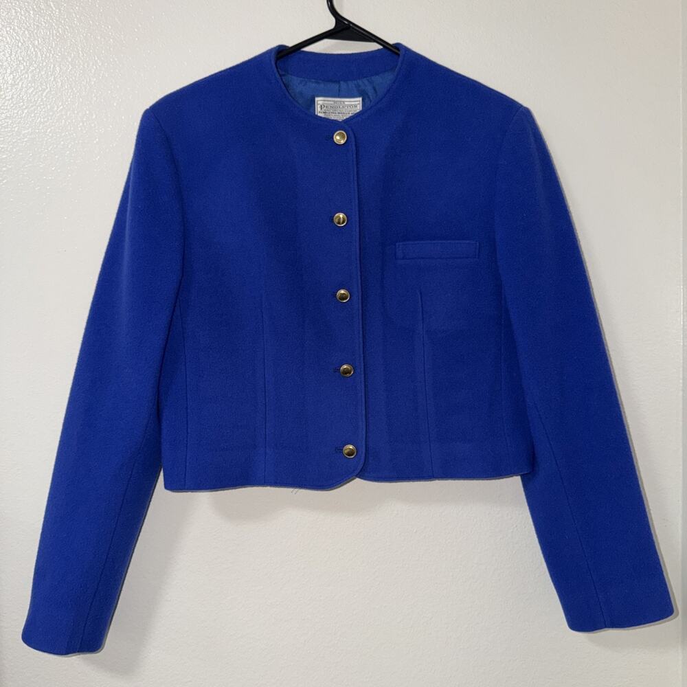 Vintage 80s Pendleton 100% Wool Sz 8 USA Made Cobalt Blue Career Cropped Blazer